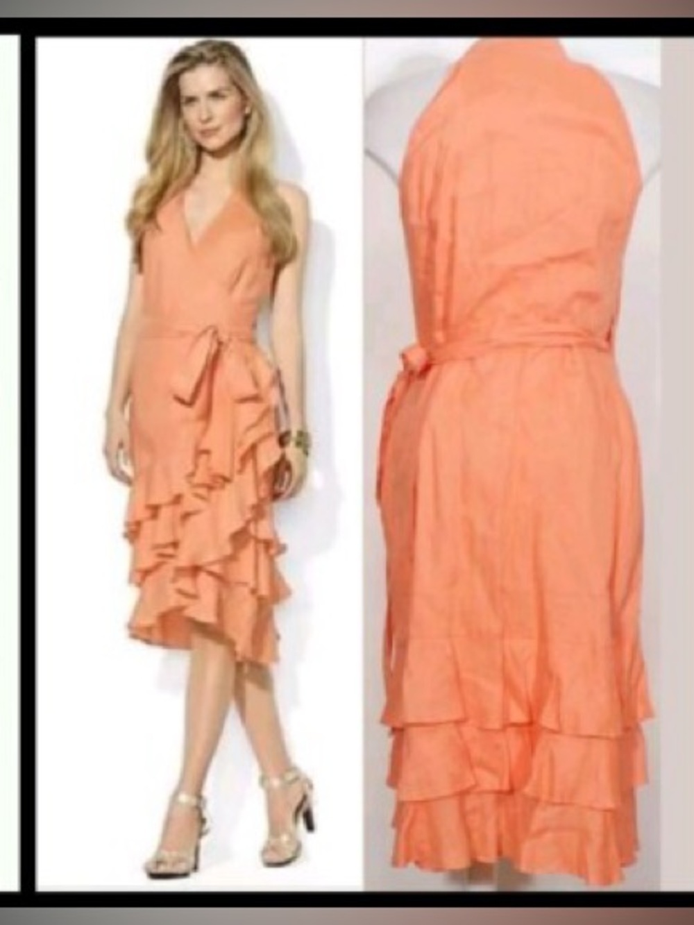 Ralph Lauren Peach 100% Linen A-Line Ruffle Halter Midi Wrap Sun Dress Size 12